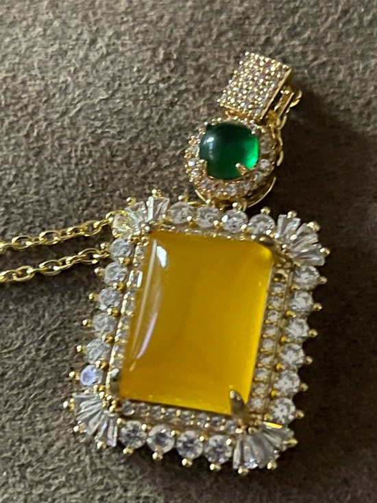 Jewelry - Gold-Plated Yellow Stone Pendant Necklace with Green Accent